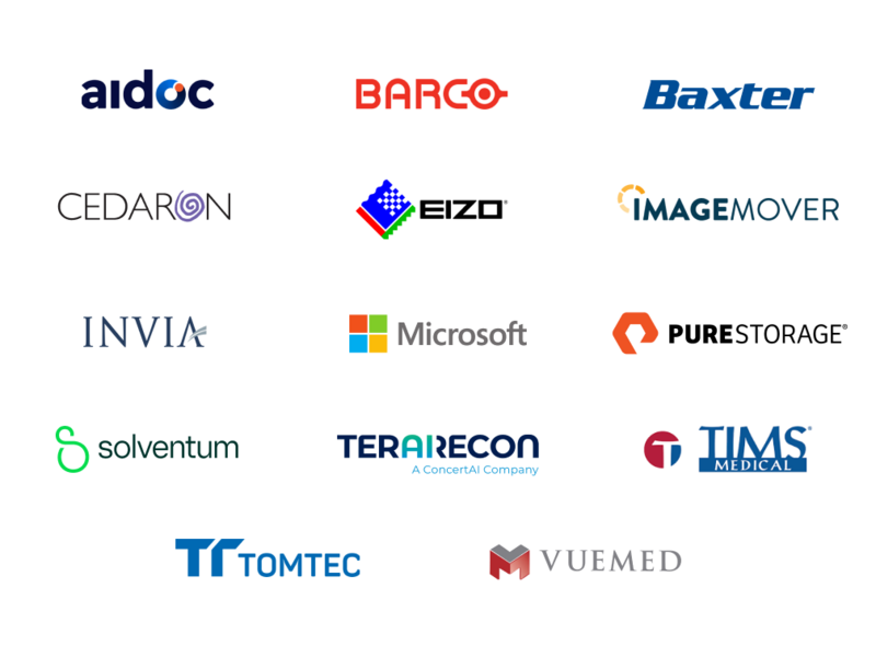 Logos for Aidoc, Barco, Baxter, Cedaron, Eizo, ImageMover, Invia, Microsoft, PureStorage, Solventum, TeraRecon, TIMS Medical, TomTec, VueMed