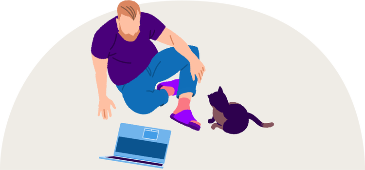 Conceptual image of a man with a laptop and a cat